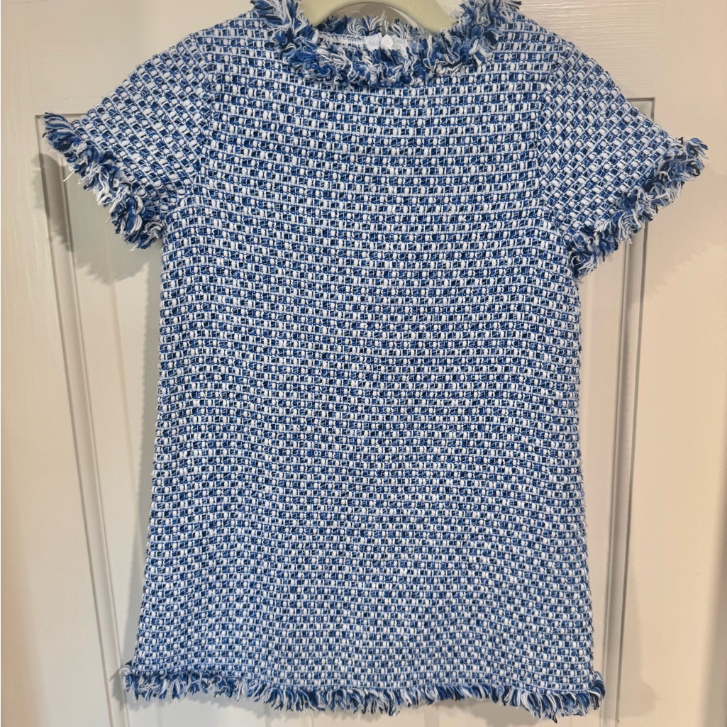 Il Gufo Blue And White Tweed Dress With Fringe Edge
